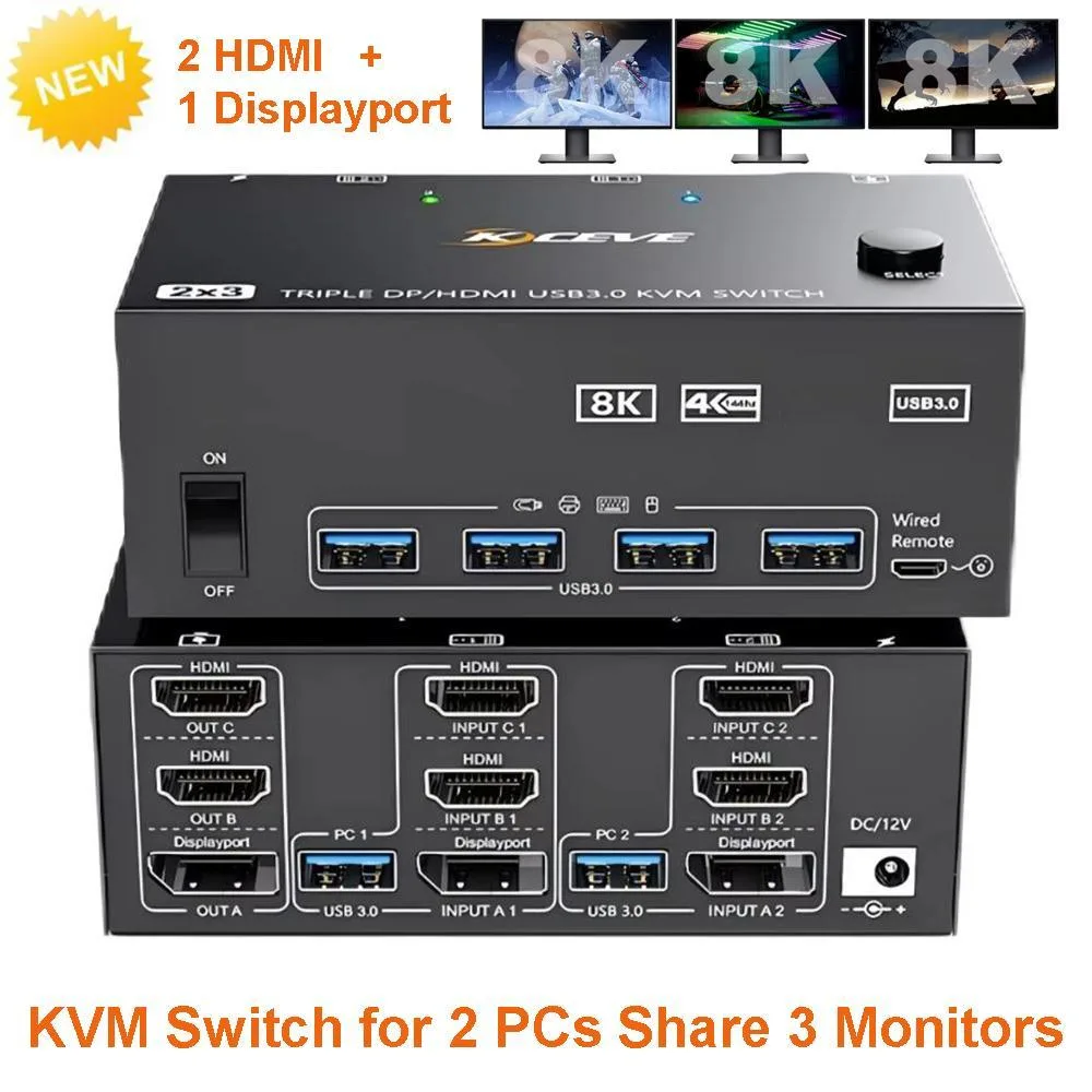 WRIARICH WRIARICH KVM Switch 2 PC 3 Mon 8K 60 4K 144 DP HDMI USB 3.0 Wired Remote — product photo