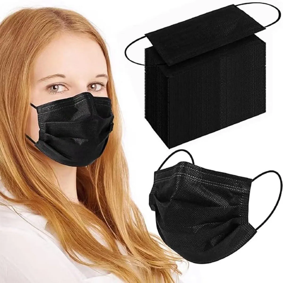 Pack of 100 black disposable face masks, three-ply non-woven fabric with soft ear loops
