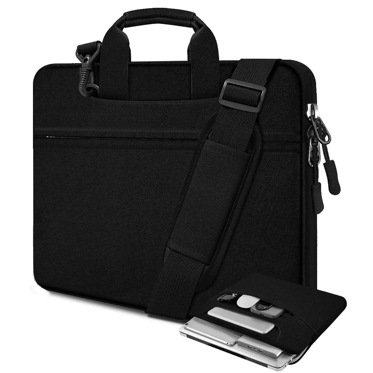 Black 15.6 inch laptop shoulder bag with adjustable strap and top handle