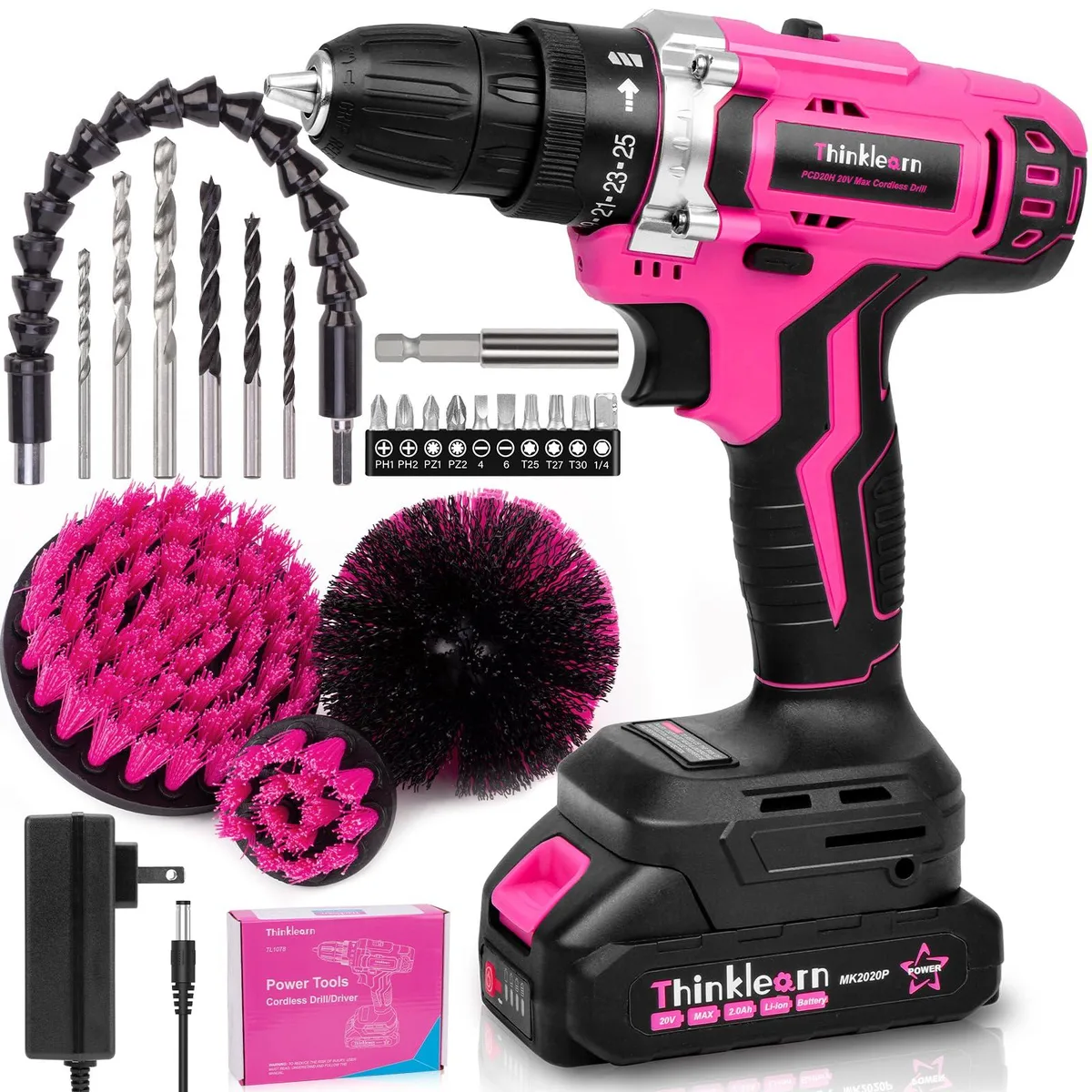 Pink cordless drill kit with case, bits, brushes and battery