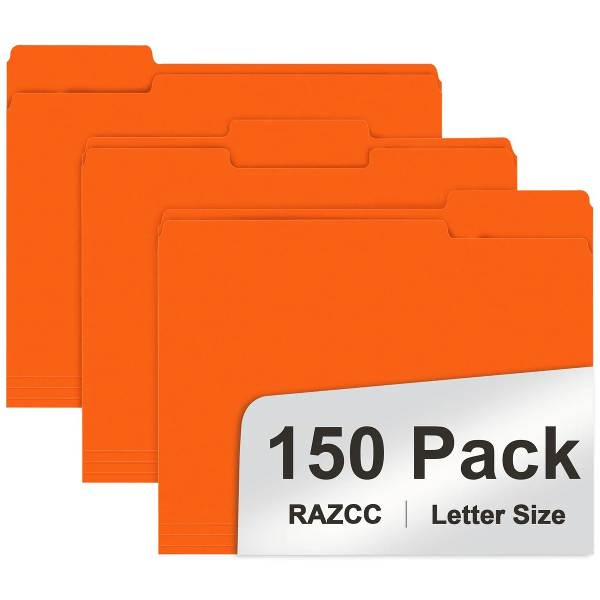 Bright orange letter-size file folders in a stack, 150 count with 1/3 cut tabs and blank labels