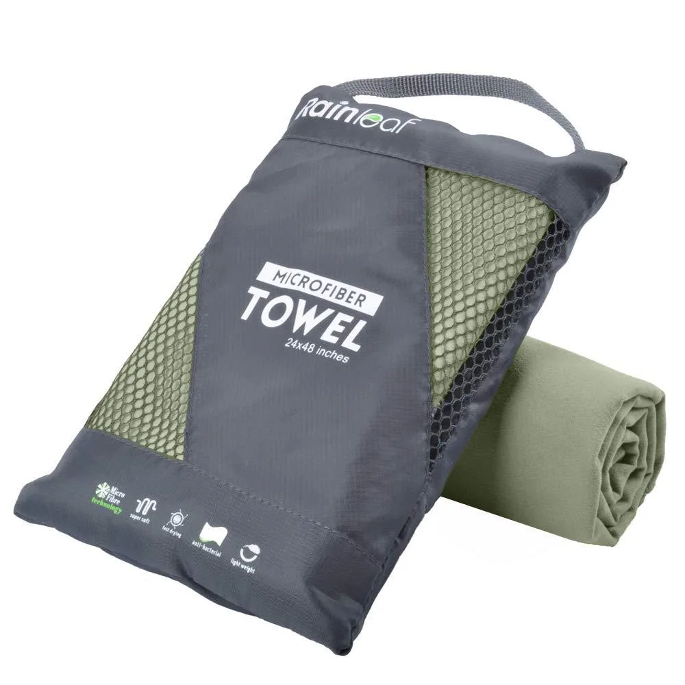 Army green microfiber towel folded in mesh carry bag with snap loop