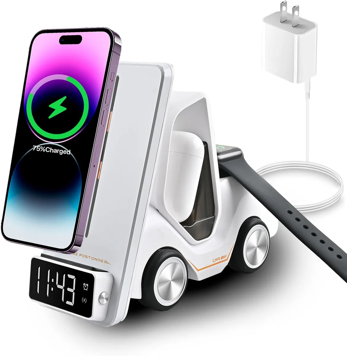 White wireless charging station with car-inspired design, alarm clock and nightlight