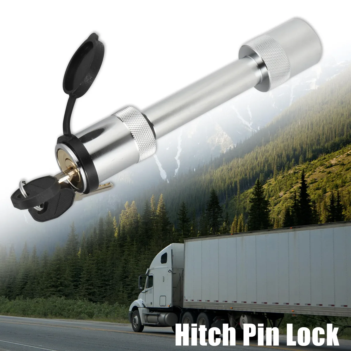 Silver-tone metal hitch pin lock, 5/8 inch diameter, with two keys