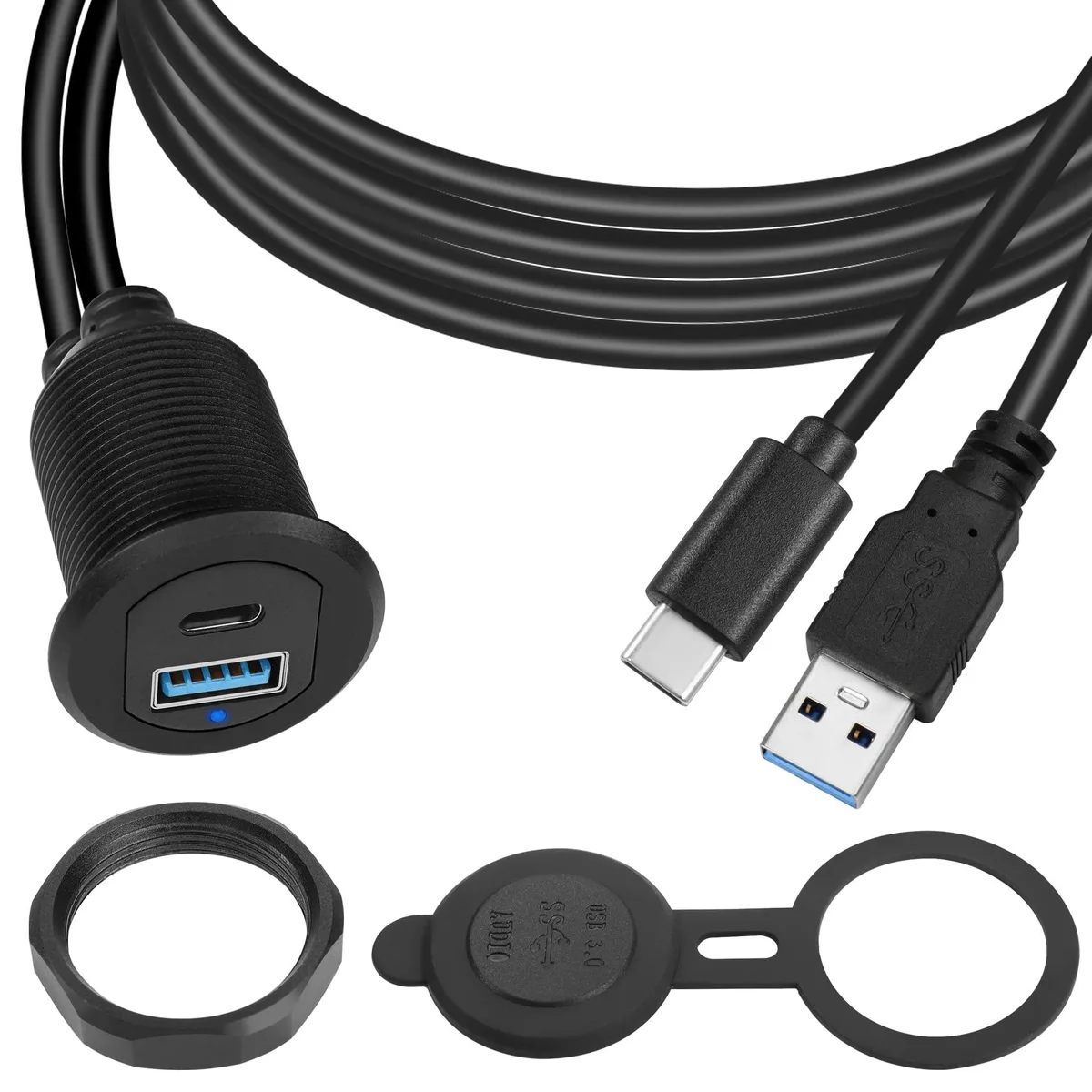Panel-mount USB-C and USB 3.0 cable with aluminium housing, M26×1.5 thread, waterproof cap, 2m length
