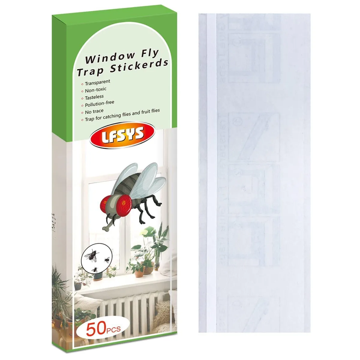Fifty transparent sticky fly strips on a window