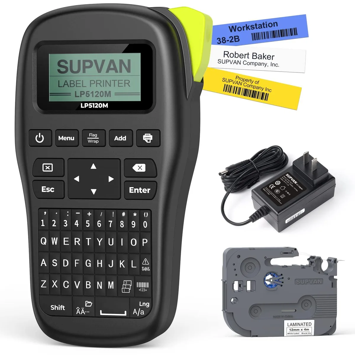 White rectangular label maker with QWERTY keyboard and tape cartridge visible