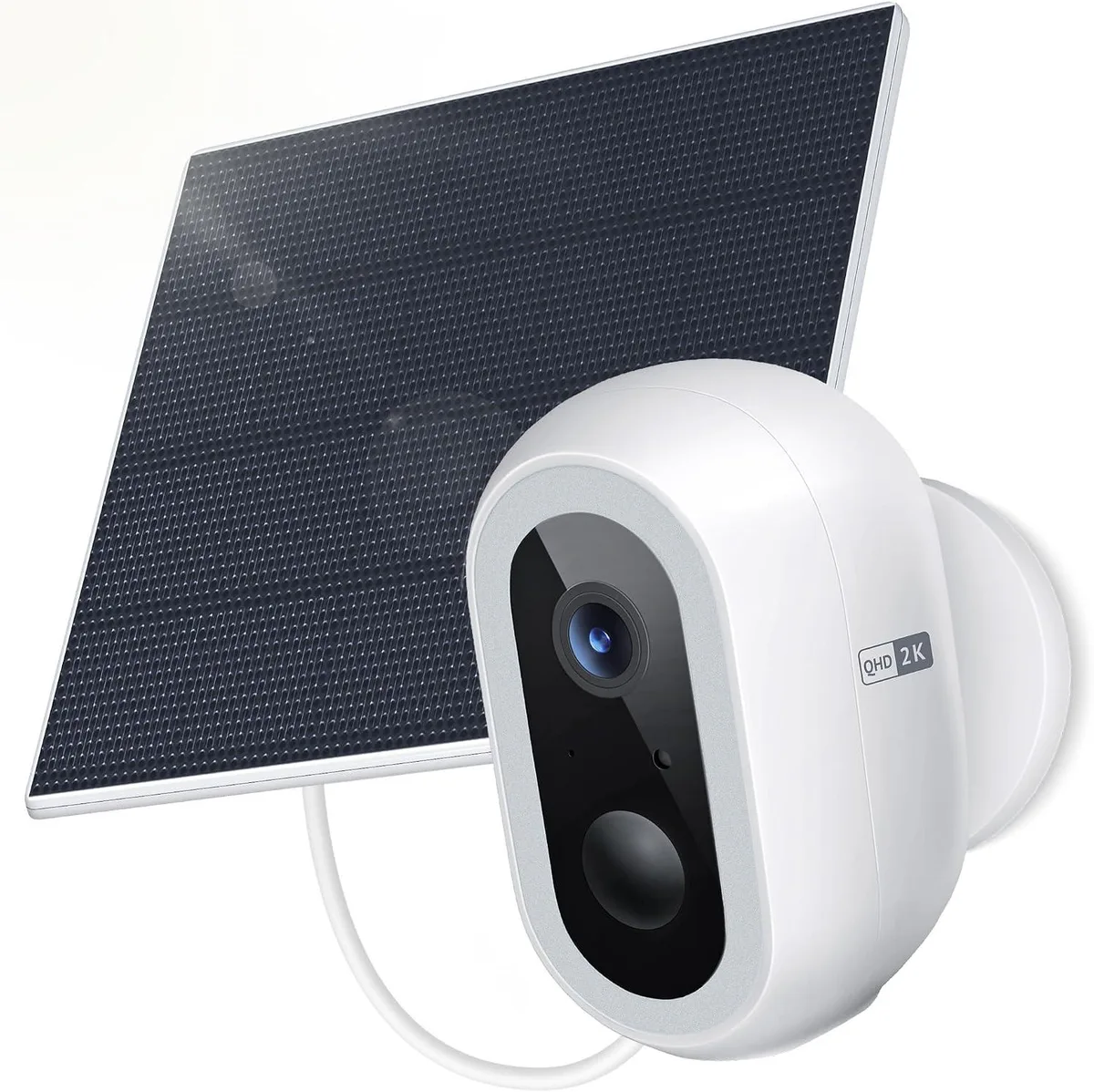 White rectangular wireless security camera with integrated solar panel on top, wall-mount bracket attached, matte finish