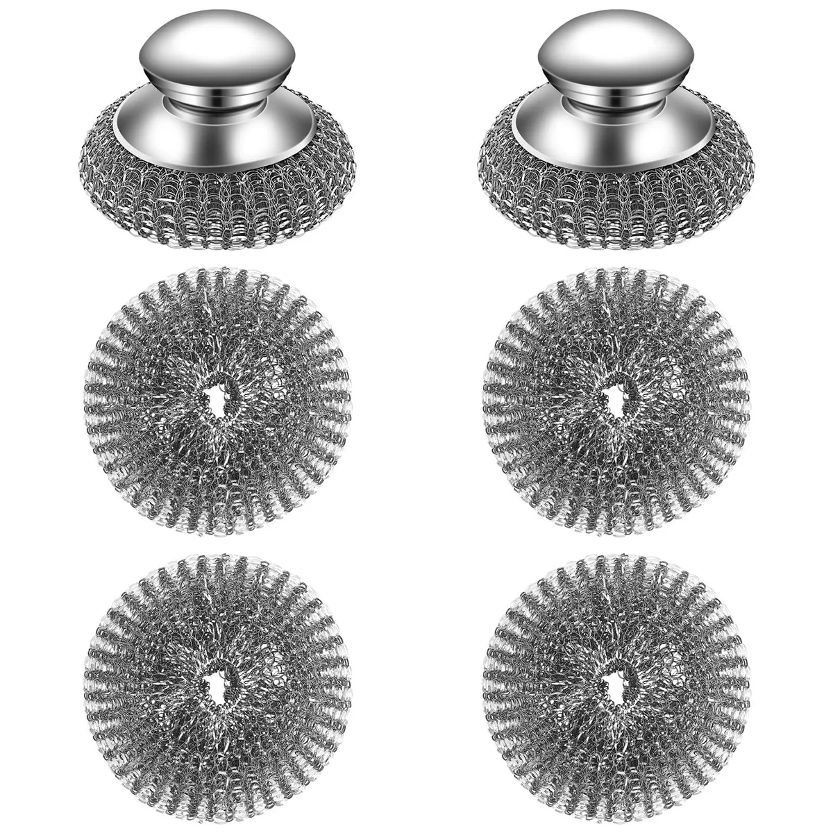 Two stainless steel handles with four wire wool scrubber pads