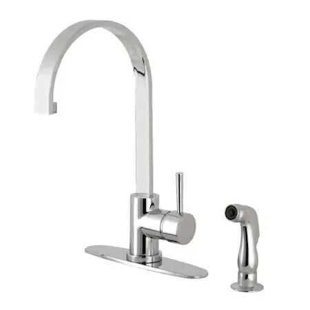 Single-handle kitchen faucet with side sprayer, polished chrome finish, cylindrical design