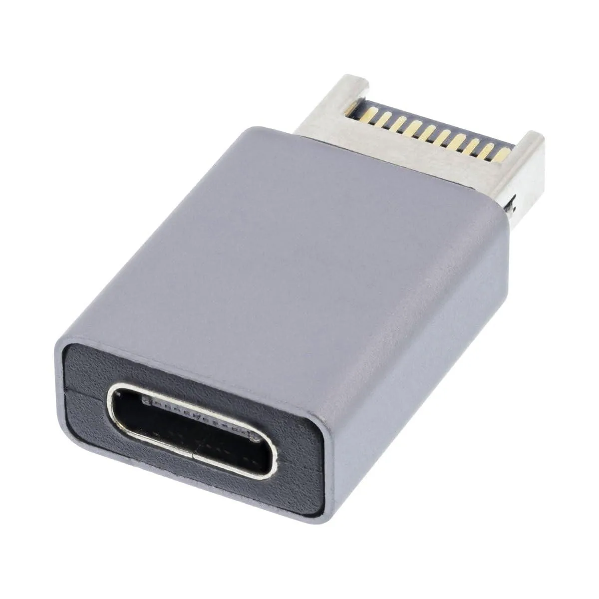 Grey USB 3.1 Type-E male to USB 3.0 Type-C female adapter, compact circuit board with exposed pins and port