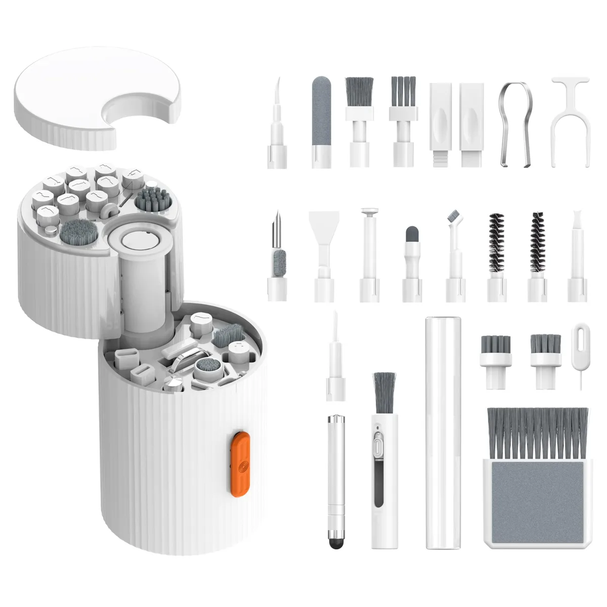 White rectangular cleaning kit box with magnetic rotating handle and multiple brush attachments visible