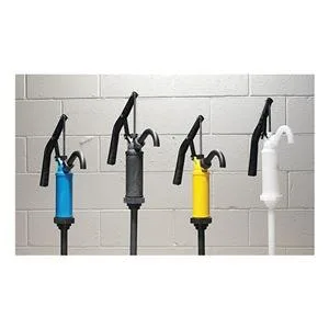 Yellow polypropylene hand drum pump with spout and adjustable stroke settings