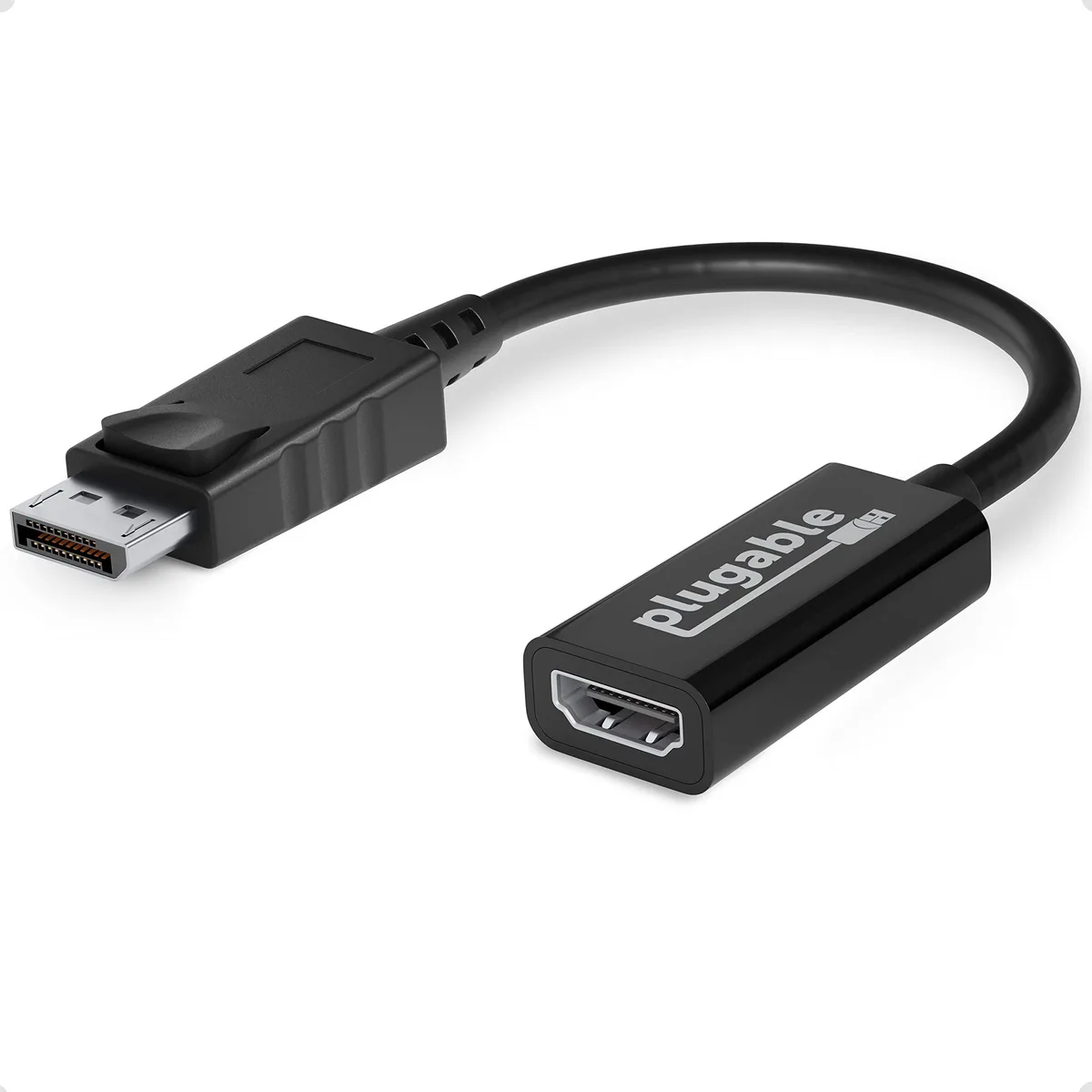 Small black DisplayPort-to-HDMI adapter, rectangular body, matte finish, about eight inches long