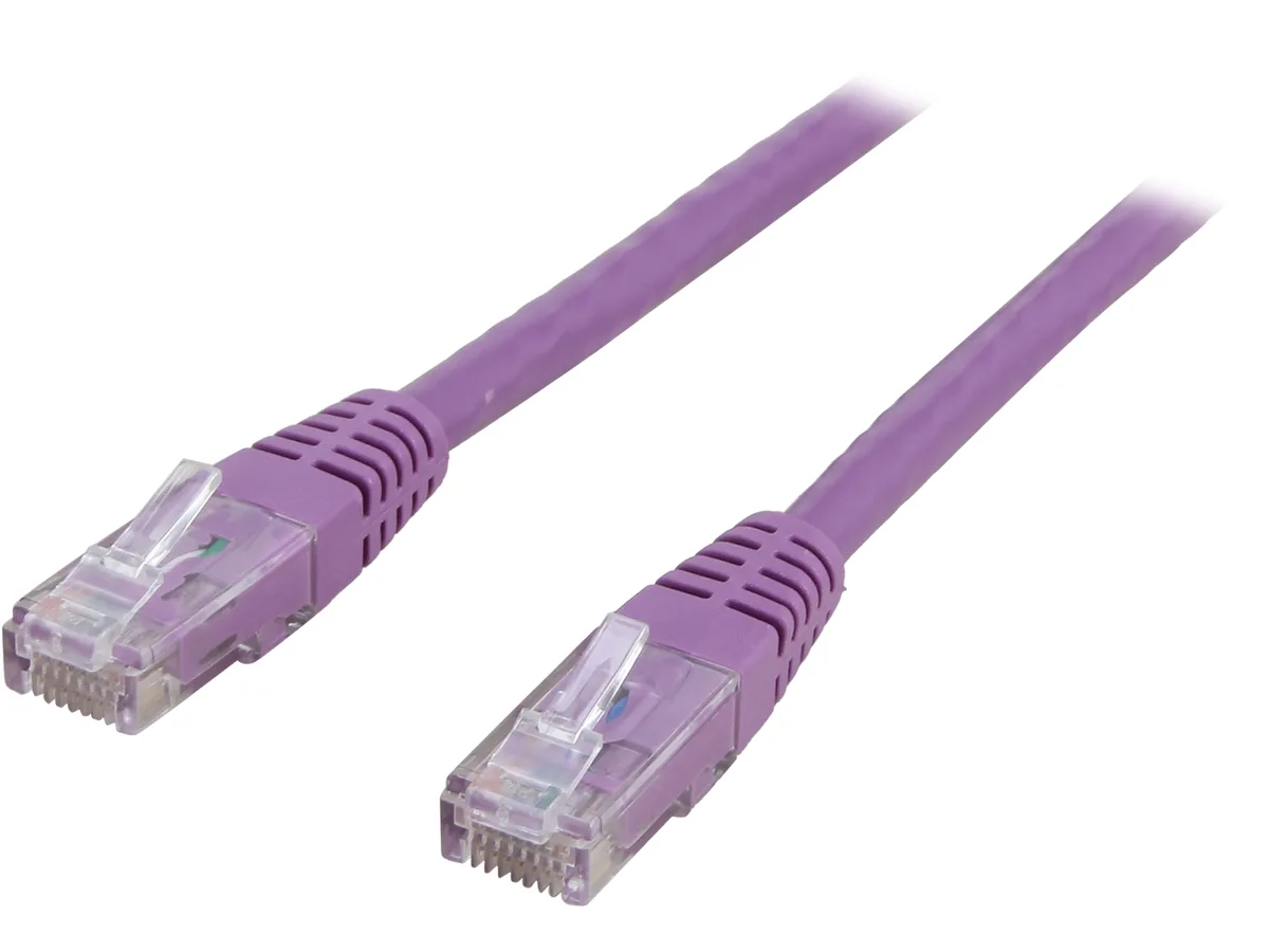 Purple Cat6 Ethernet cable with molded RJ45 connectors, 20 ft length