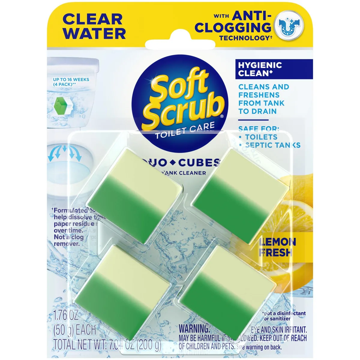 Four yellow lemon-scented toilet tank cleaner cubes in package