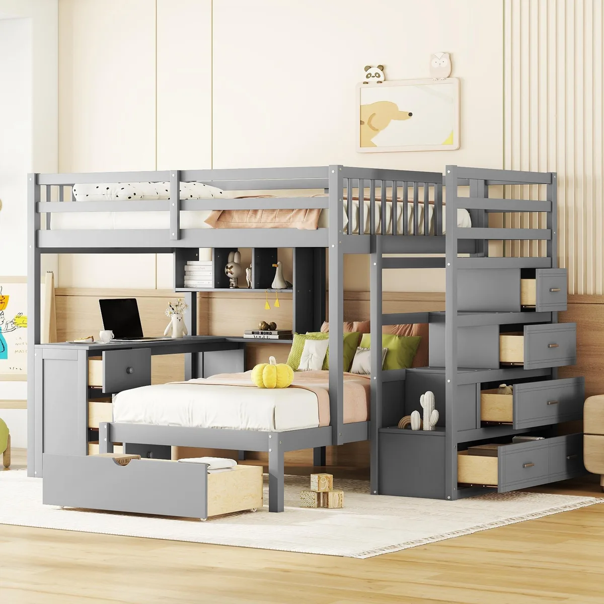 Gray solid-wood bunk bed with full-over-twin layout, staircase drawers, desk and shelves