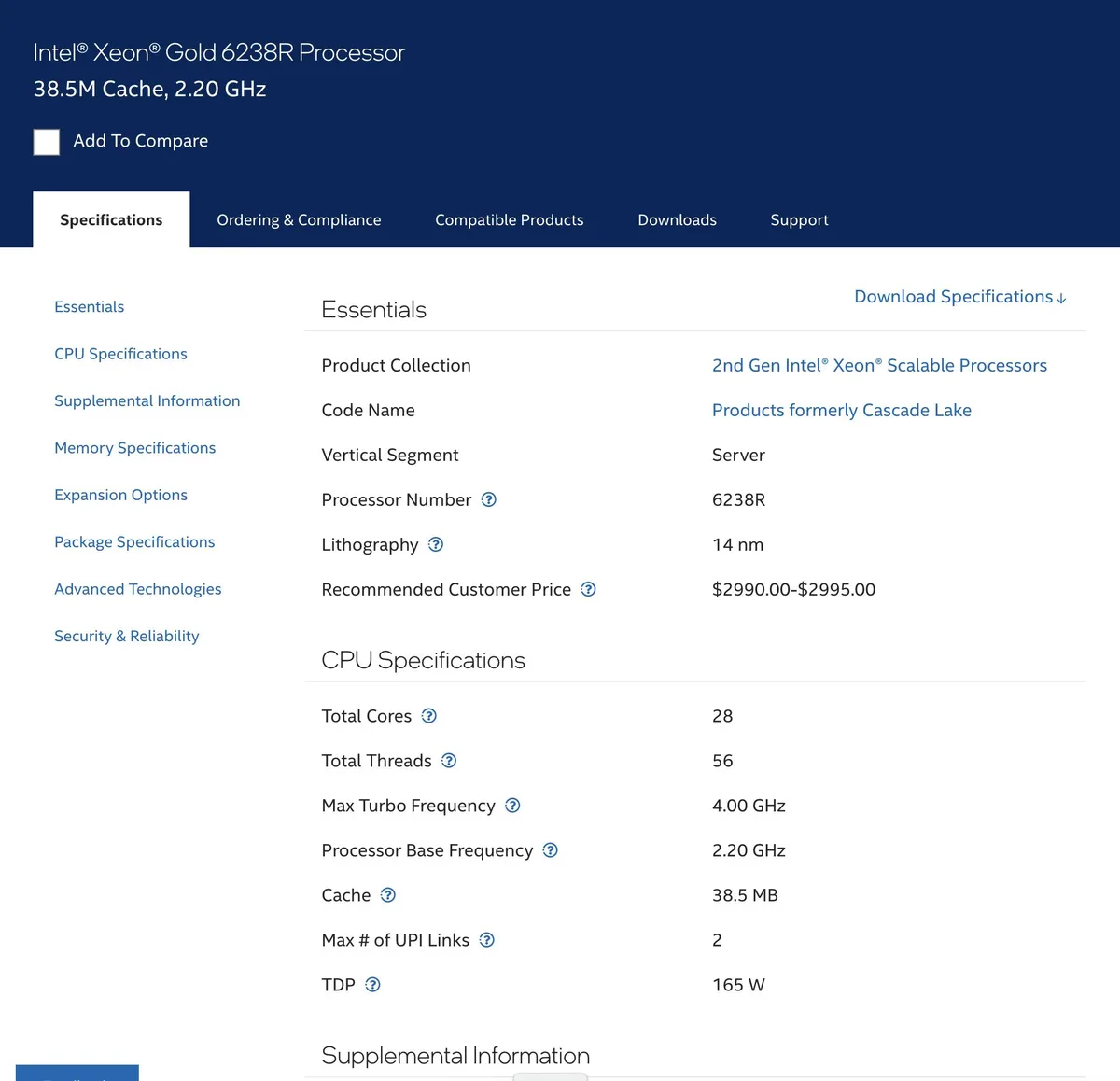Intel Intel Xeon 6238R SRGZ9 server processor 28 core 2.20 GHz — product photo