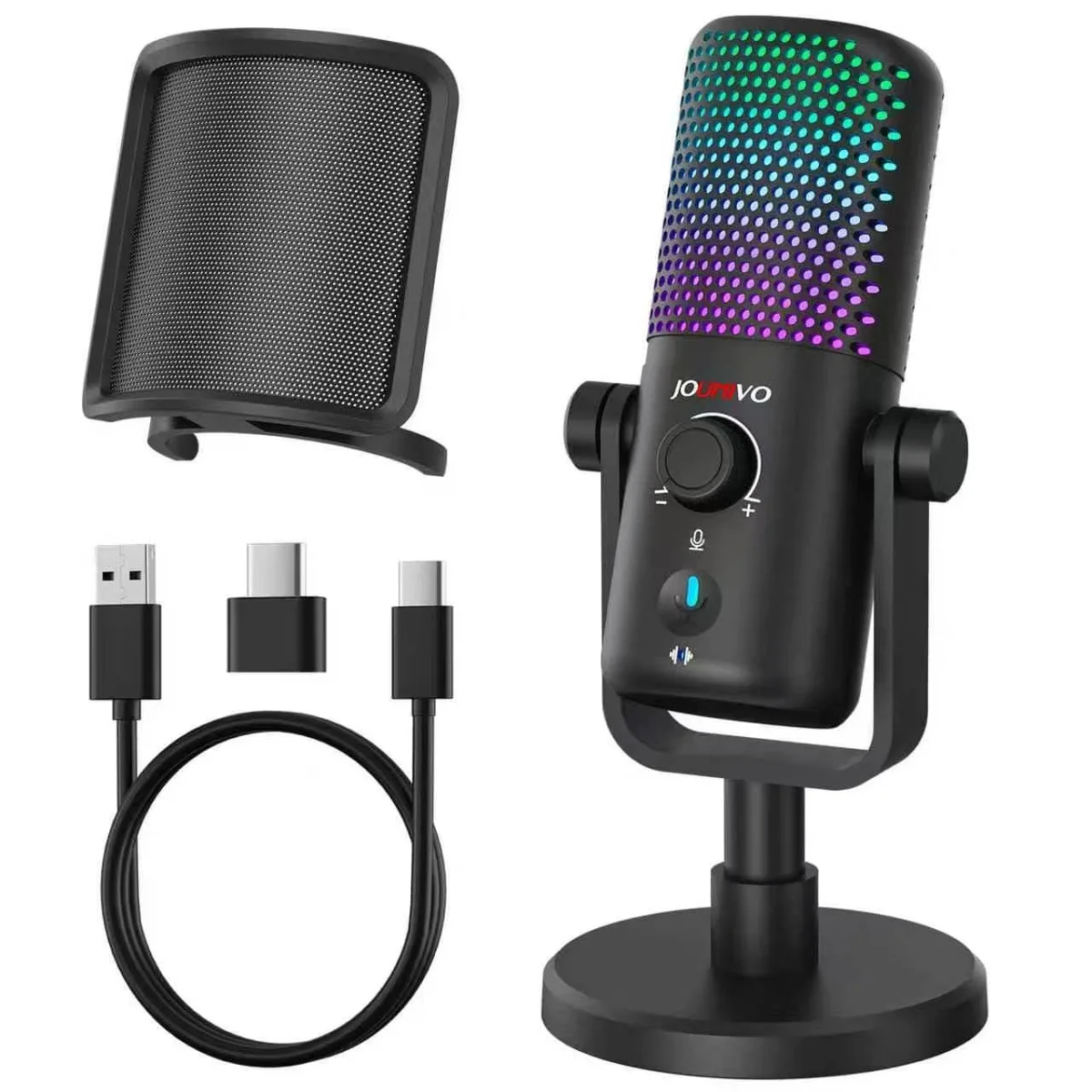  JOUNIVO USB Microphone with Pop Filter, 3.5mm Jack, RGB — product photo
