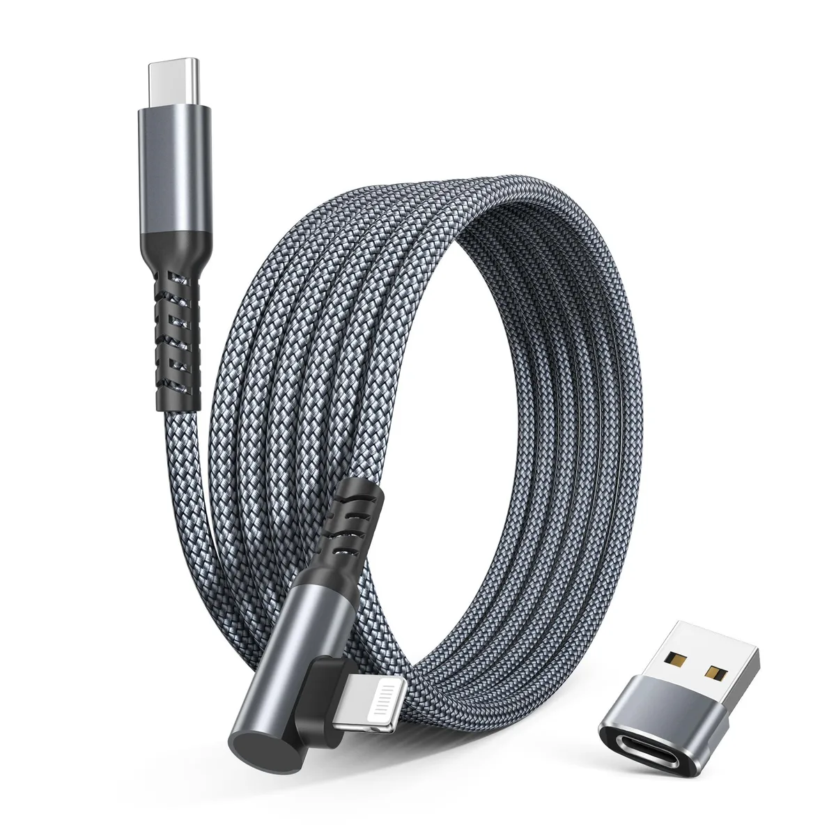  Basesailor USB-C to Lightning Cable Right Angled 6.6ft Grey with USB-A Adapter — product photo