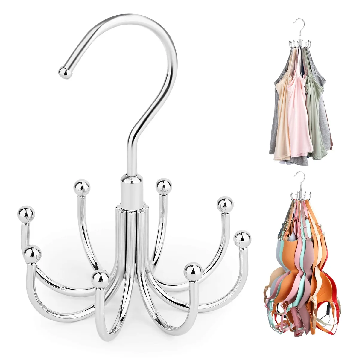 Metal rotating bra organiser with eight hooks holding 24 items 360 degree swivel hook