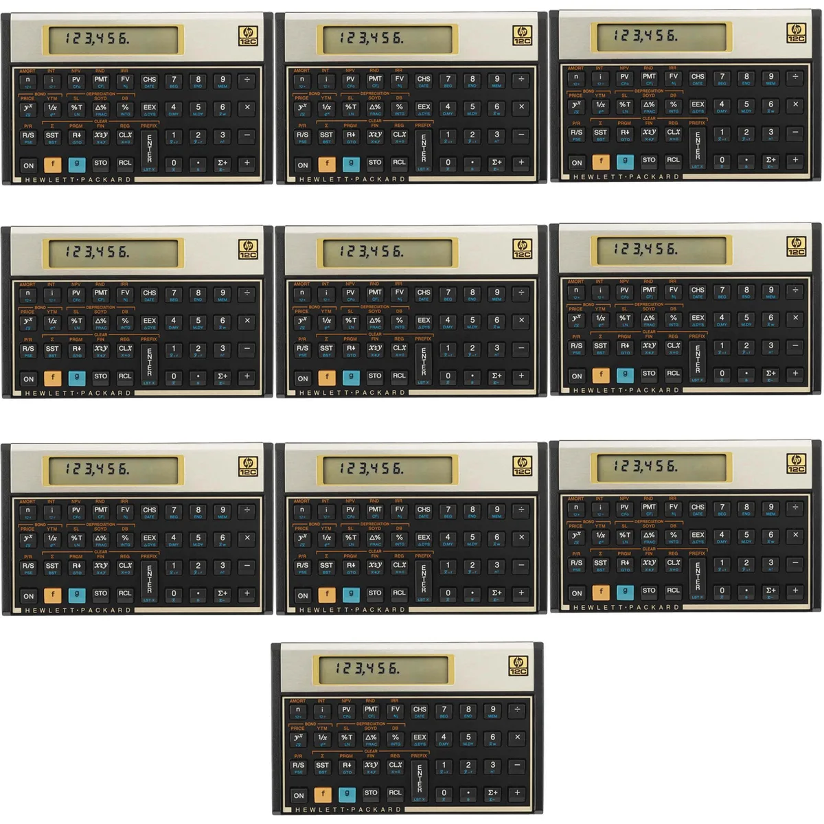 Ten HP 12c financial calculators in a row, each with a dark case, single-line LCD display and gold-shift keys