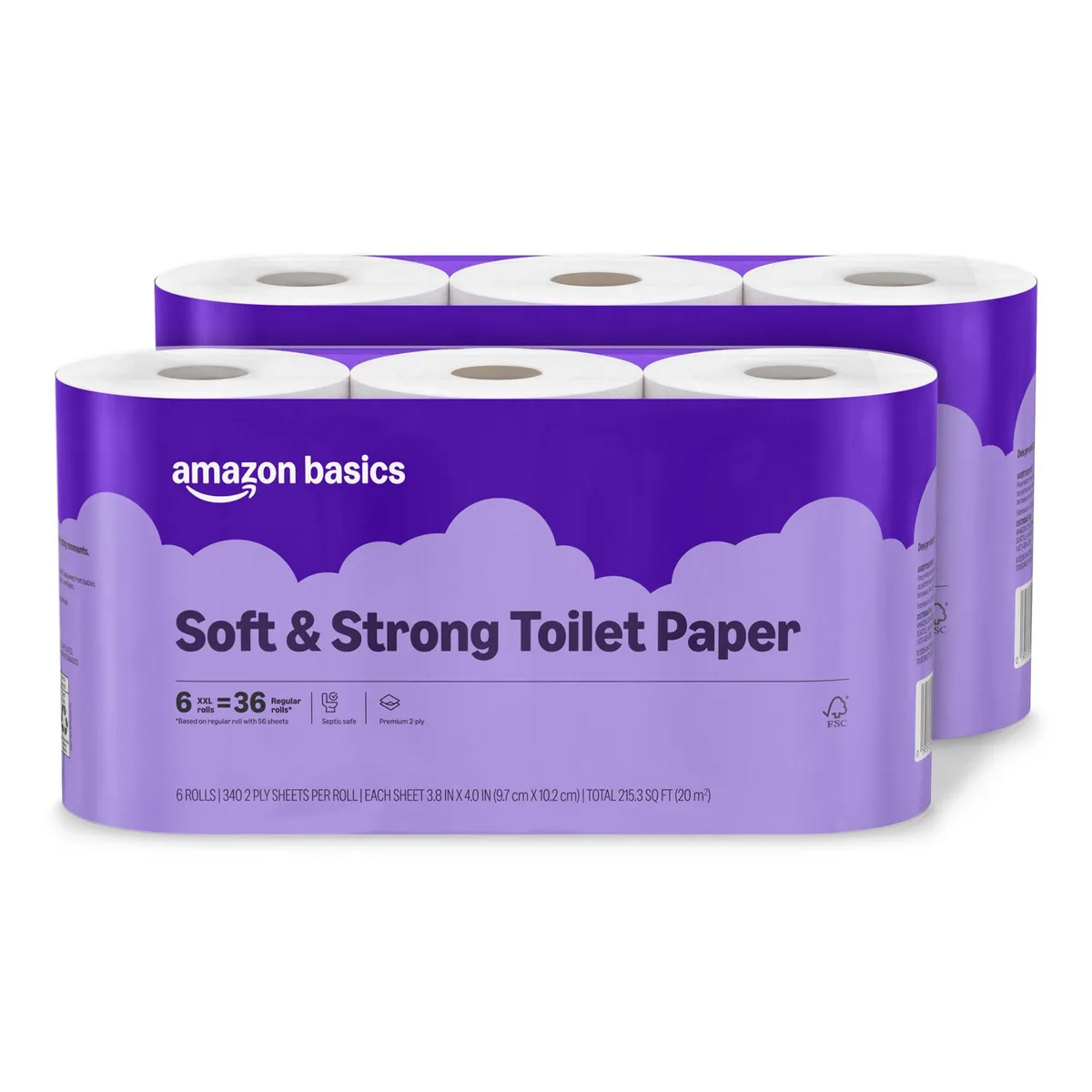 White 2-ply toilet paper rolls in clear plastic packaging, 12 rolls total