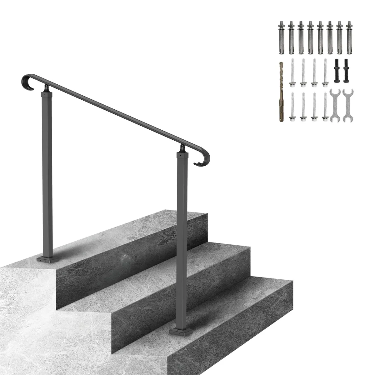 Black wrought iron handrail for two steps, 34.8 in post spacing