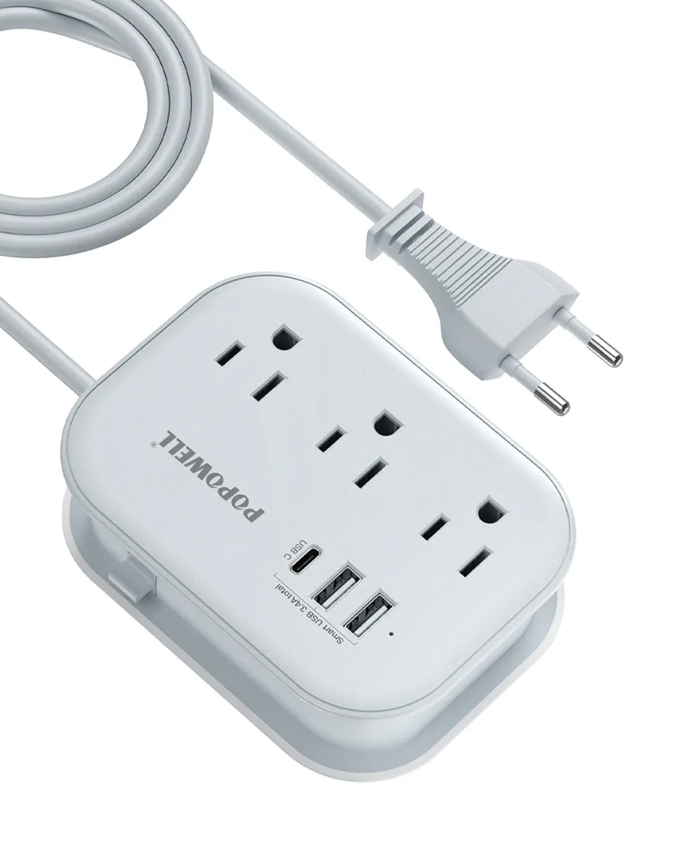  POPOWELL European Travel Power Strip 3 AC 3 USB-A 1 USB-C 5 ft Cord 4.5×3.3×1.4 in 9.5 oz — product photo