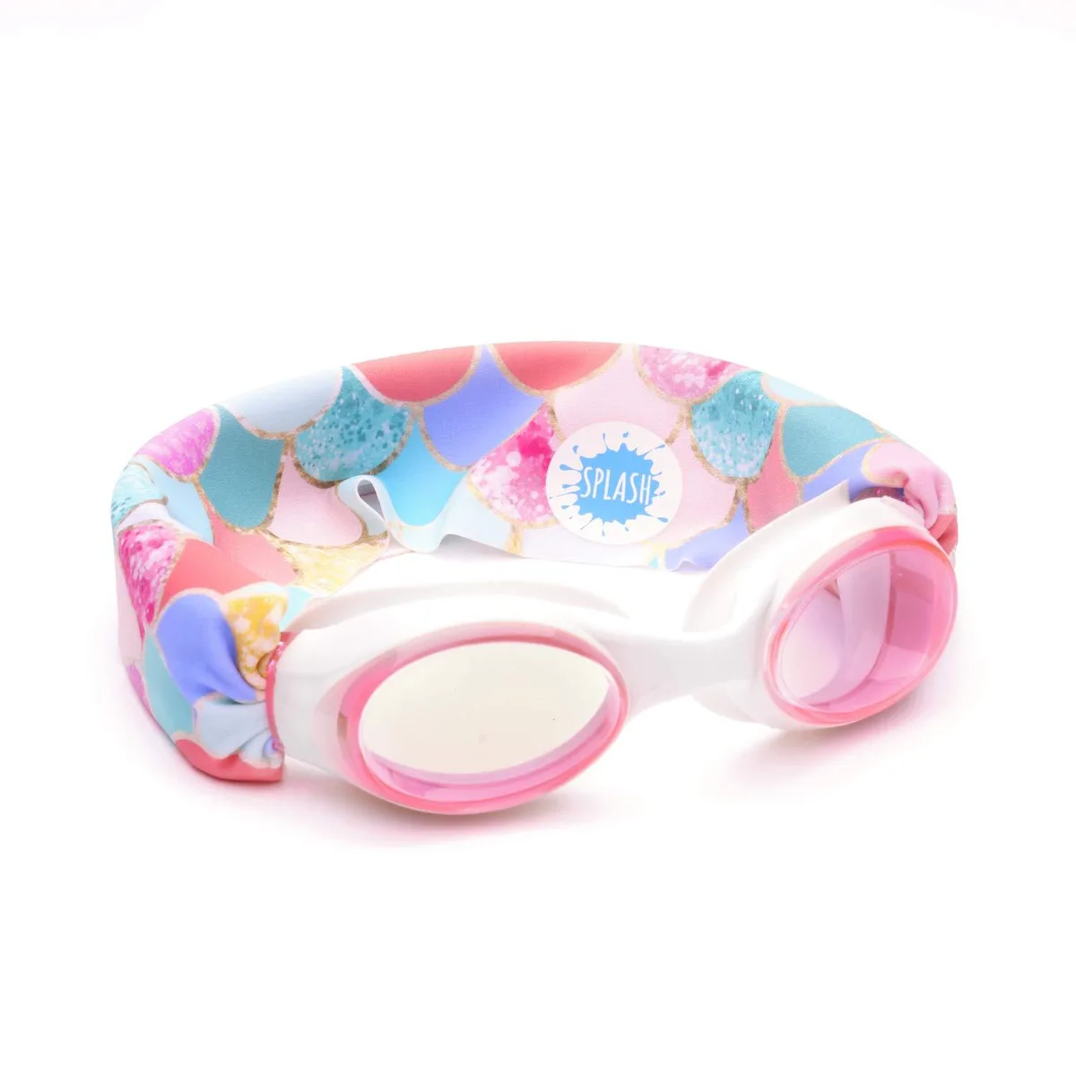 Blue mermaid swimming goggles with fabric strap, tangle-free design for ages three plus