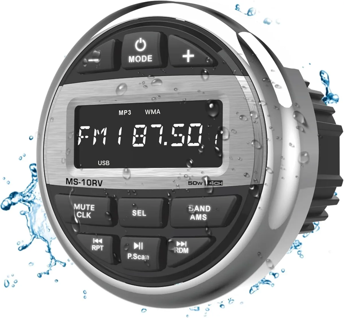 Round gauge-style marine stereo with black face, segmented LCD, illuminated buttons, 2.89 inch cutout