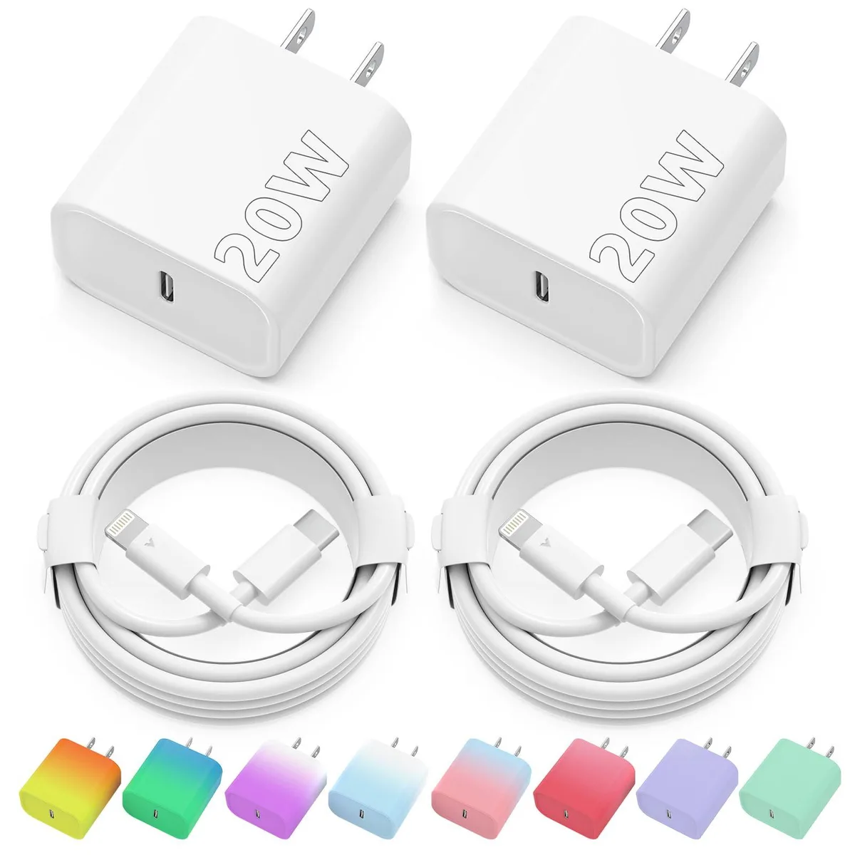 Two white USB-C wall chargers and two long white Lightning cables