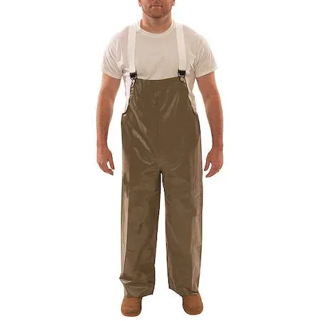 Green neoprene flame-resistant rain bib overall with snap fly closure and nylon lining