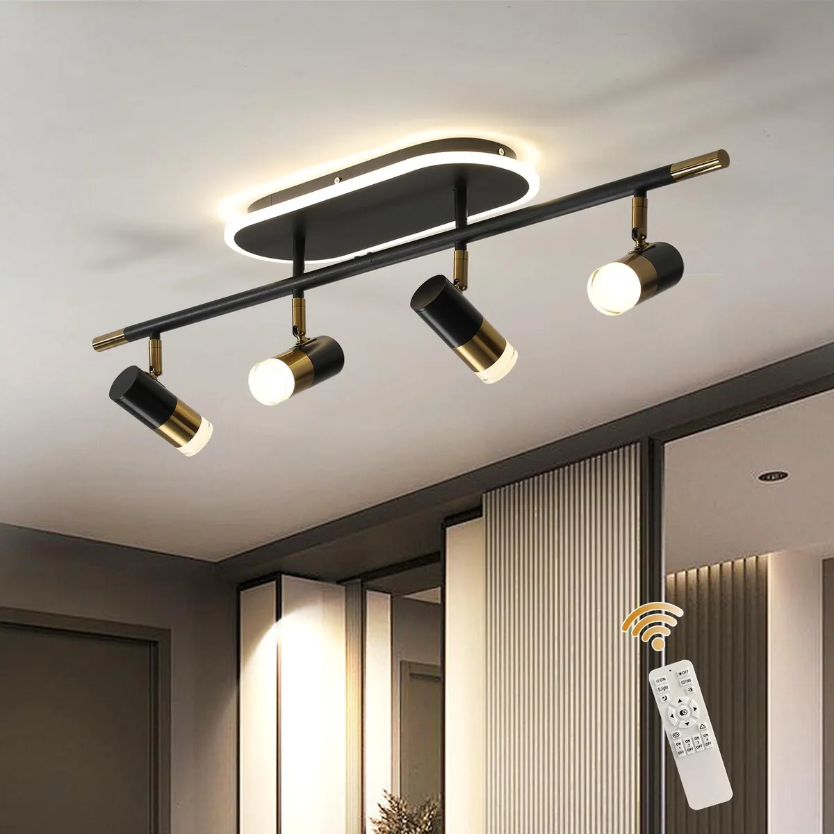 Black and gold four-head LED track light bar with adjustable spotlights and remote control