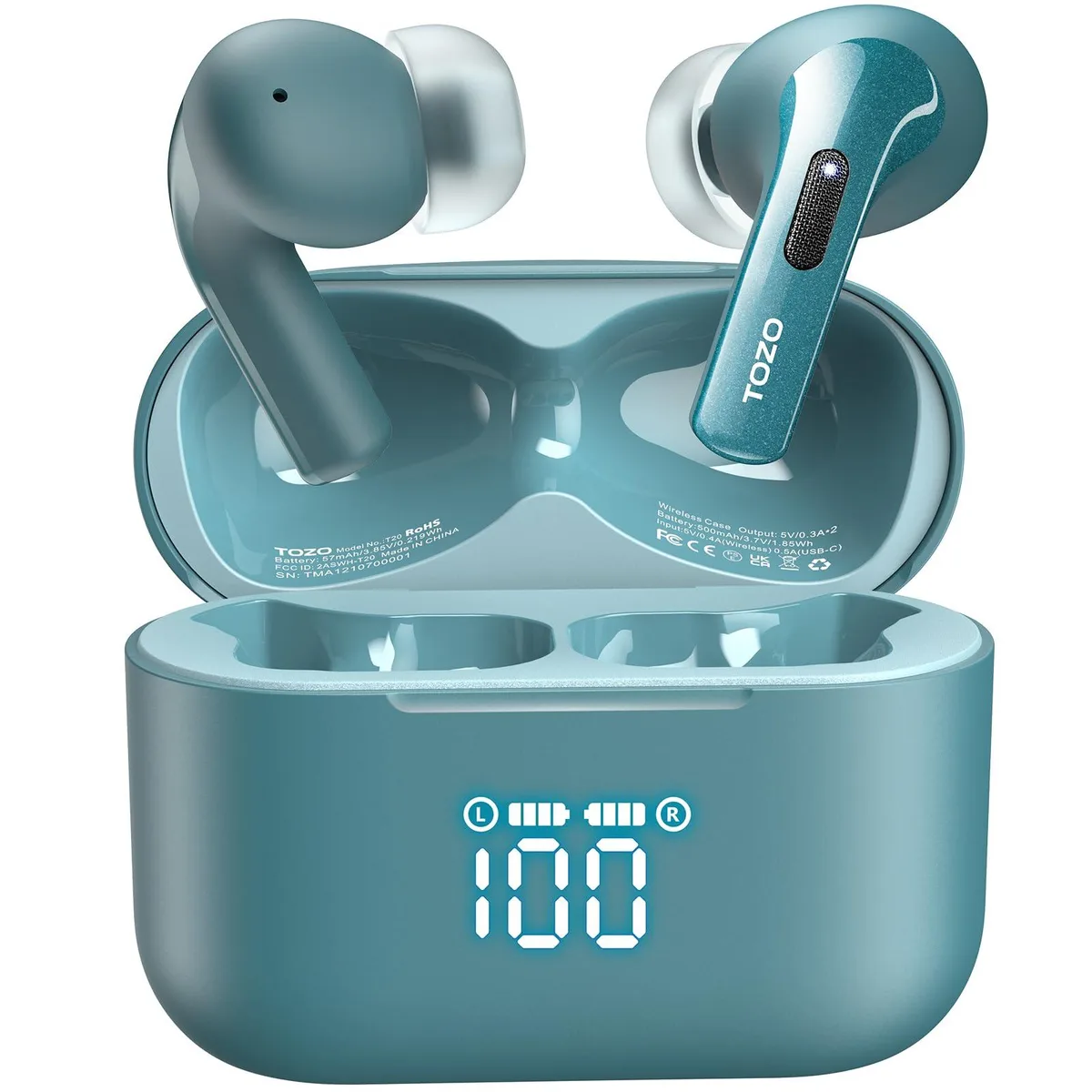 TOZO T20 Wireless Earbuds Green 97H Playtime LED Display Case — product photo