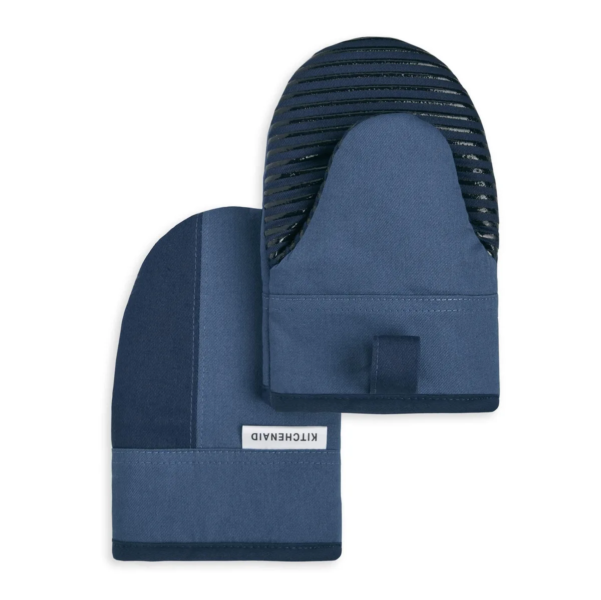Two navy and ink cotton mini oven mitts with silicone grip and hanging loops