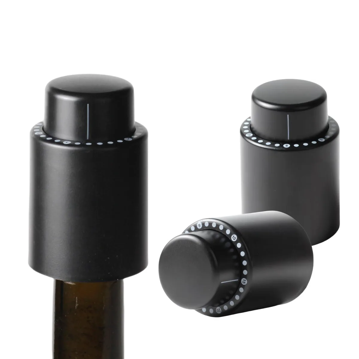 Two wine vacuum stoppers with date dials, food-grade silicone and plastic, 750ml 1.5L fit