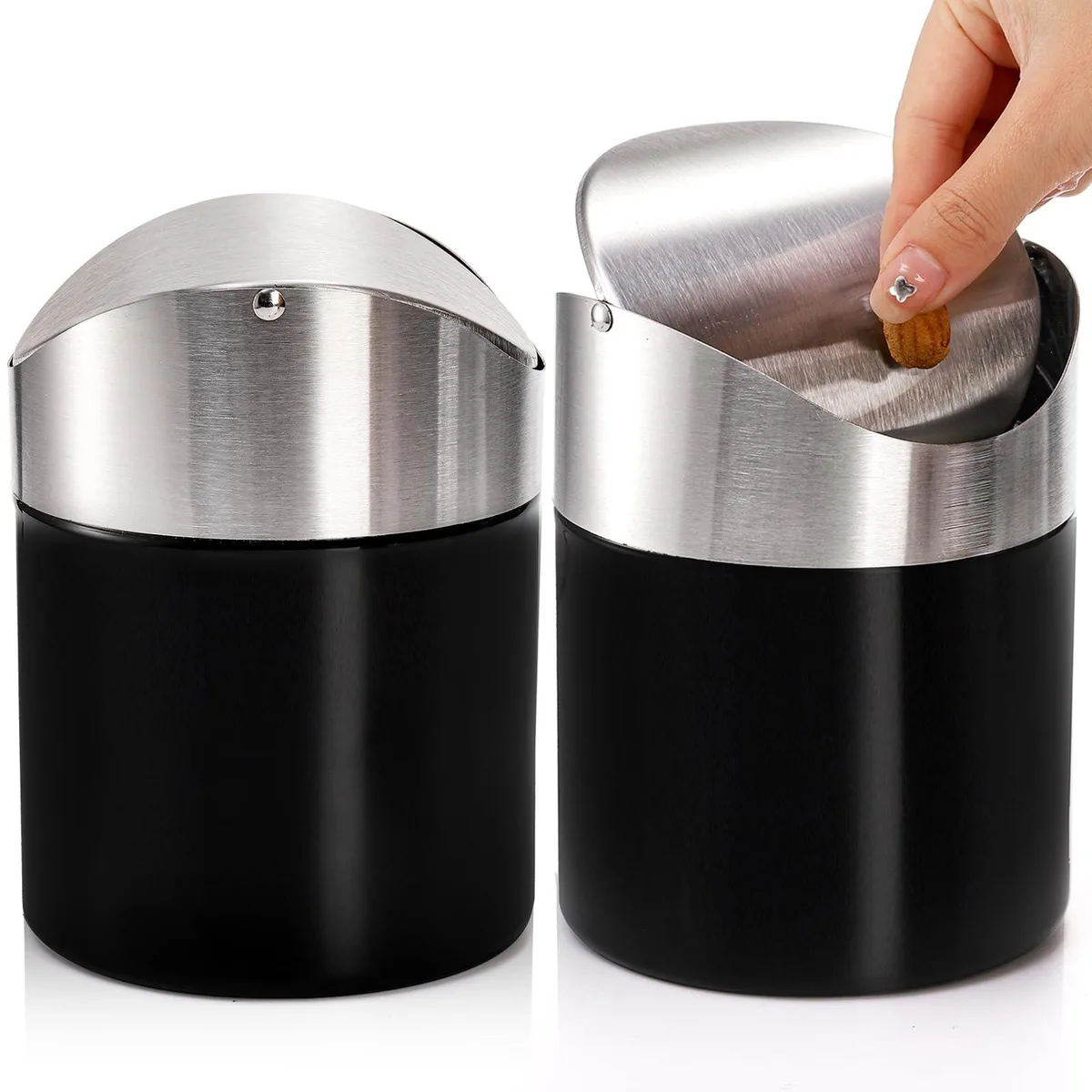 Two brushed stainless steel mini bins with swing lids, each 4.6" wide by 6.2" high