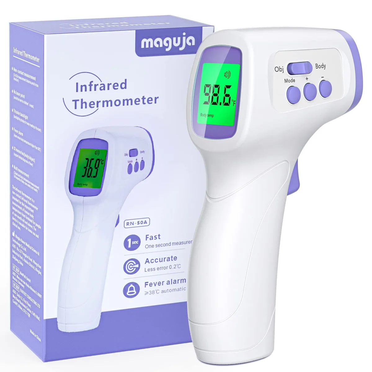Purple touchless infrared thermometer with LCD display and fever alarm