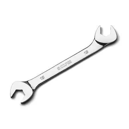 Polished chrome vanadium 15mm wrench with 30 and 60 degree angled open ends