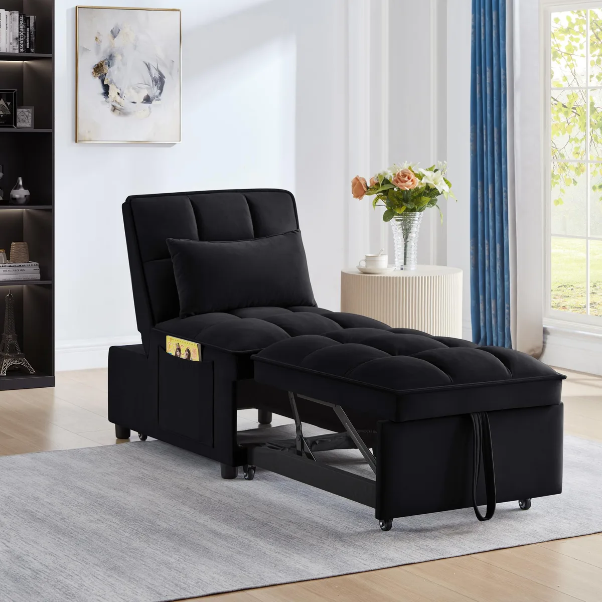 Black velvet single sofa bed with pull-out chaise and storage pockets