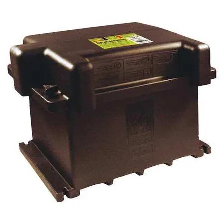 Black plastic battery box with removable lid and thumb screw closures, rectangular shape measuring 20 by 14-31/64 inches