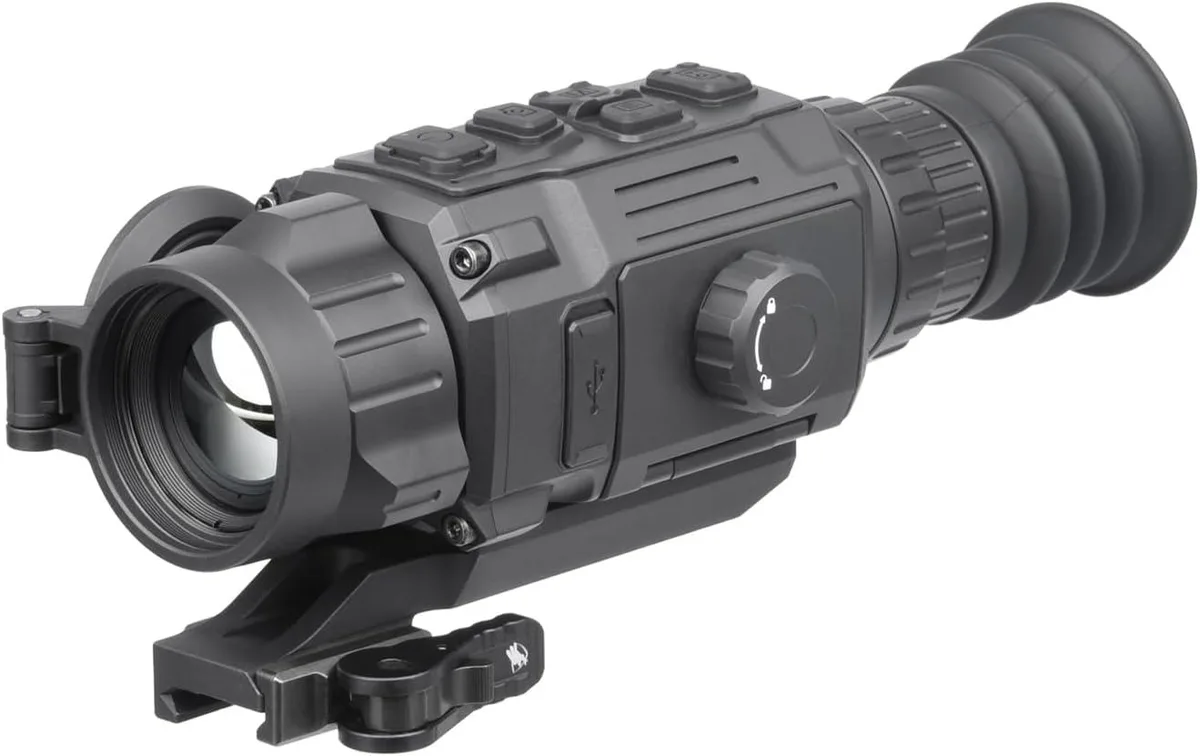 Compact thermal rifle scope, matte black finish, 35mm front lens, side-mounted controls