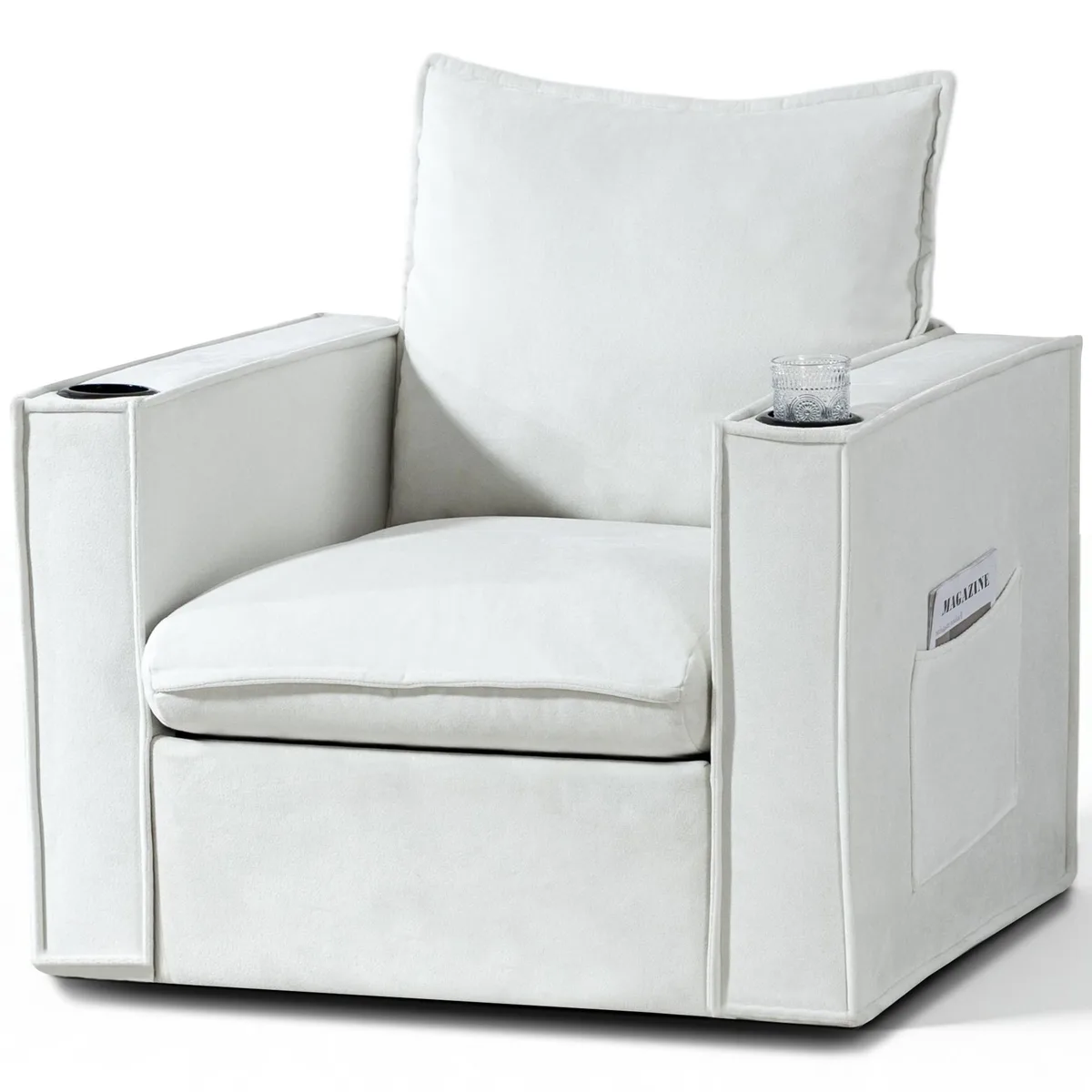 VANBOW VANBOW 32.2" Swivel Accent Chair with Cup Holders, Side Pockets, White — product photo