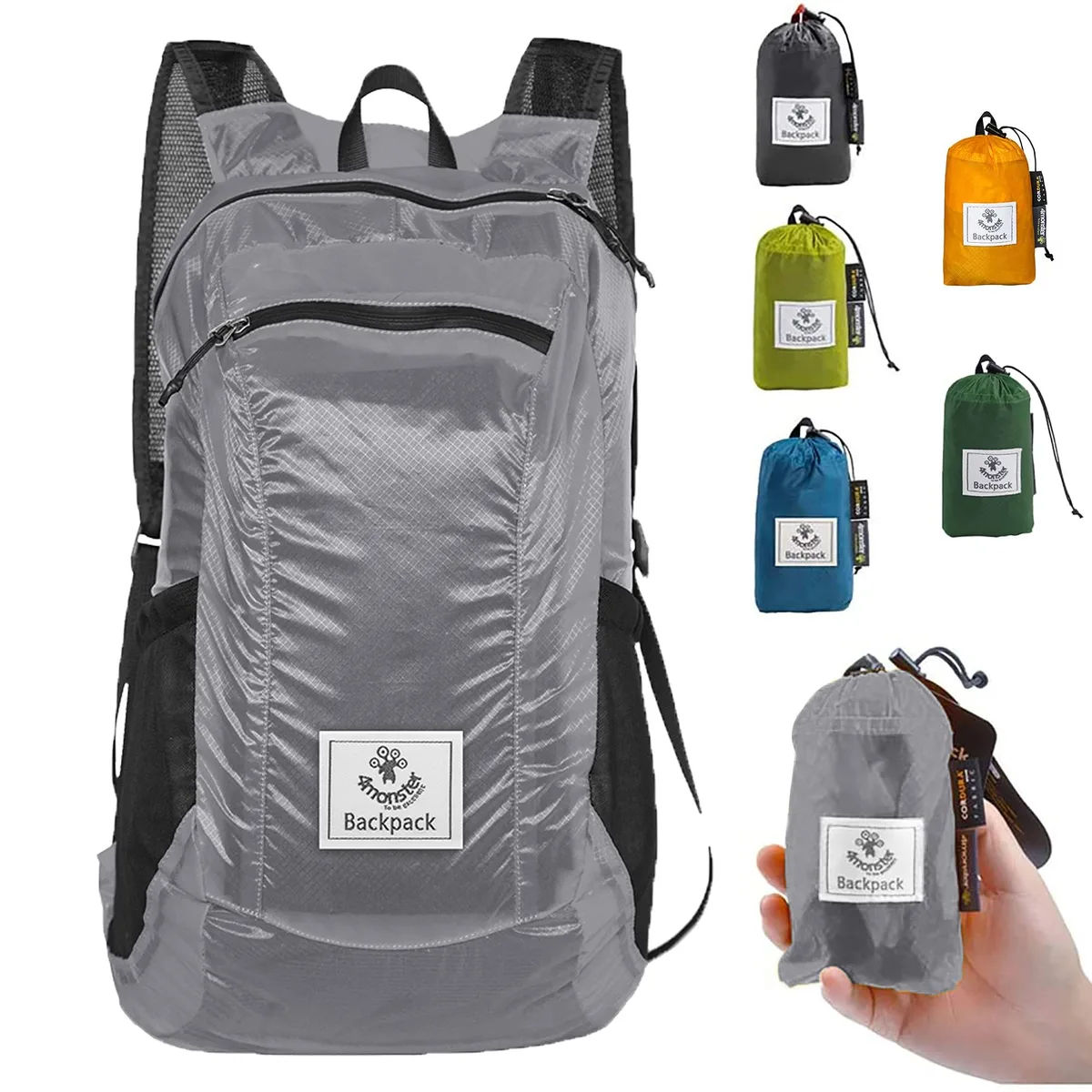 Silver packable nylon daypack, folds into small pouch