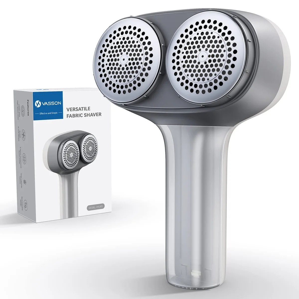 Greyish-white handheld fabric shaver with honeycomb mesh screen and USB-C port