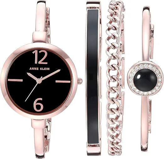 Anne Klein Anne Klein 32 mm rose gold-tone watch with black dial and three bracelets — product photo