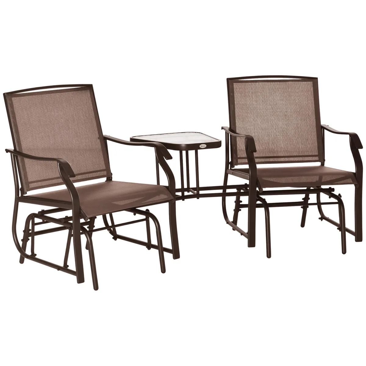 Coffee-brown steel double glider with centre table and sling seats