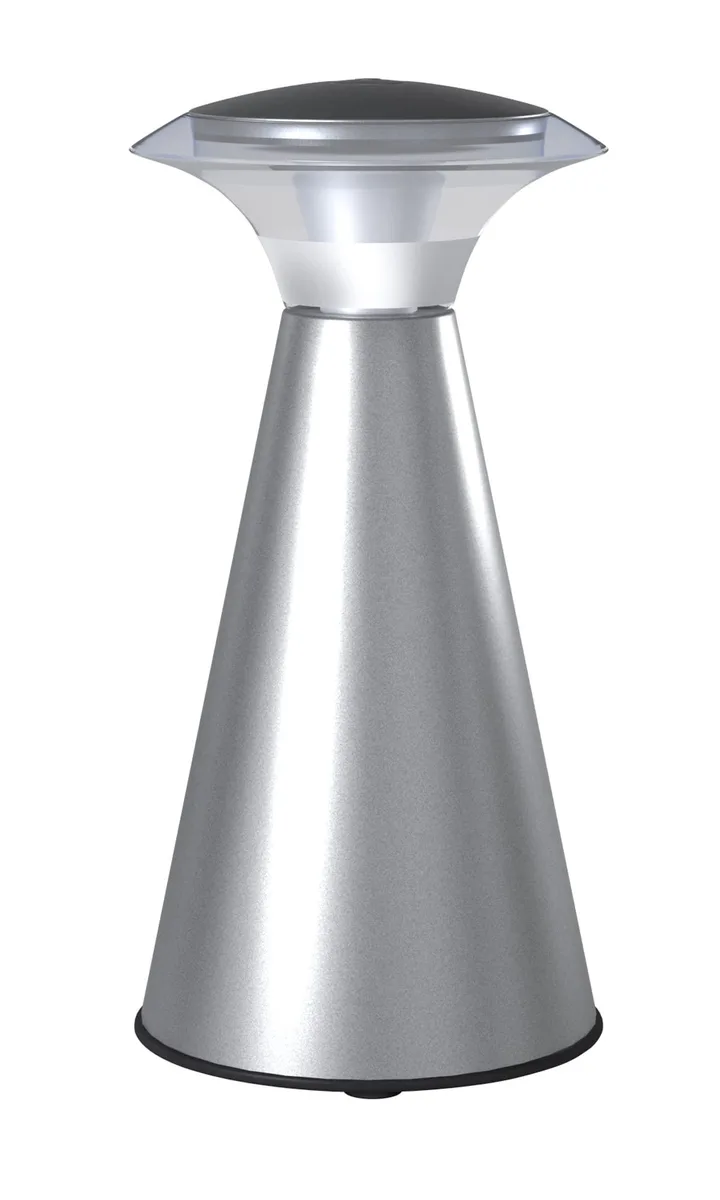 Silver cylindrical lantern with touch-sensitive top and matte finish