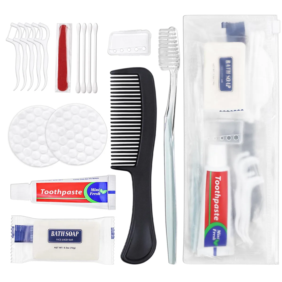 Fifty blue zipper bags each holding toothbrush toothpaste soap comb floss picks cotton items and nail file